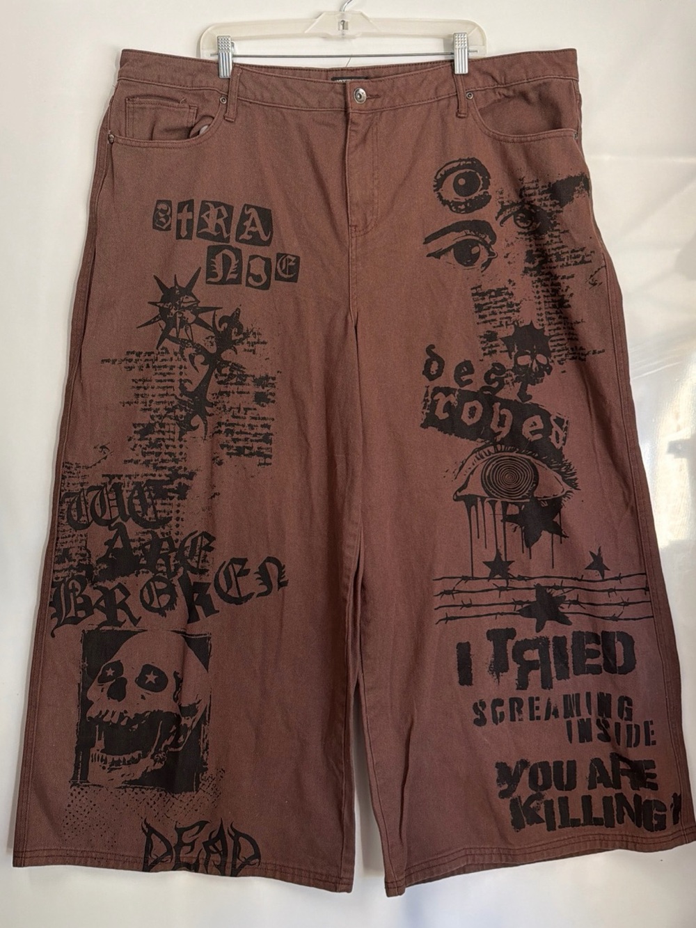 Y2K Hot Topic Brown Wide Leg Flare Jeans with Black Graphic Print